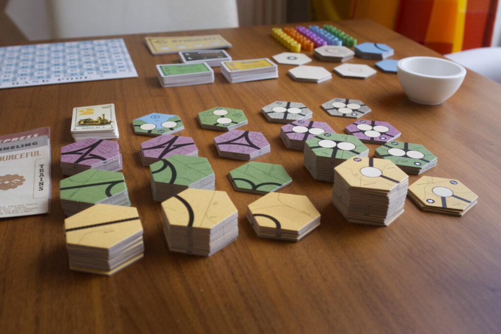 Hex-shaped track tiles of the board game Railways of the Lost Atlas