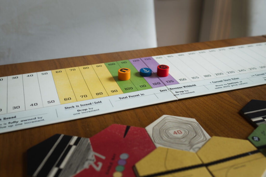 Stock price track with company markers, part of the map in front, from board game Railways of the Lost Atlas