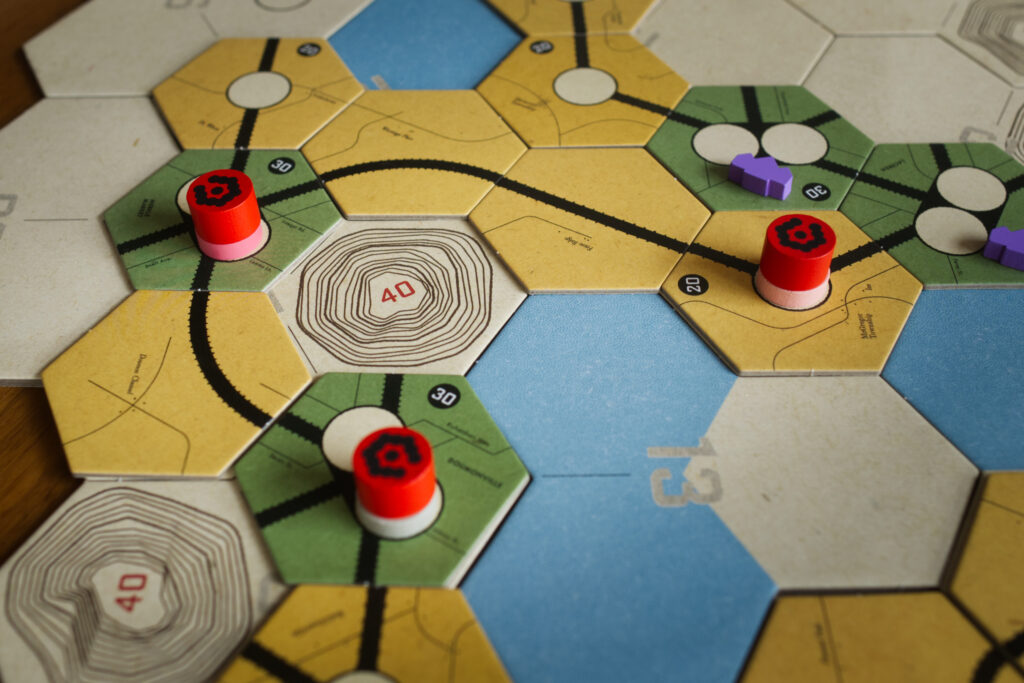 Part of the map from board game Railways of the Lost Atlas, from the solo mode.