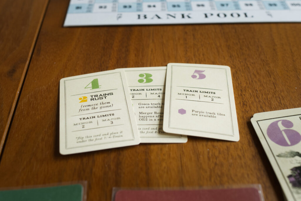 Reminder cards that are inserted into the train stack in board game Railways of the Lost Atlas