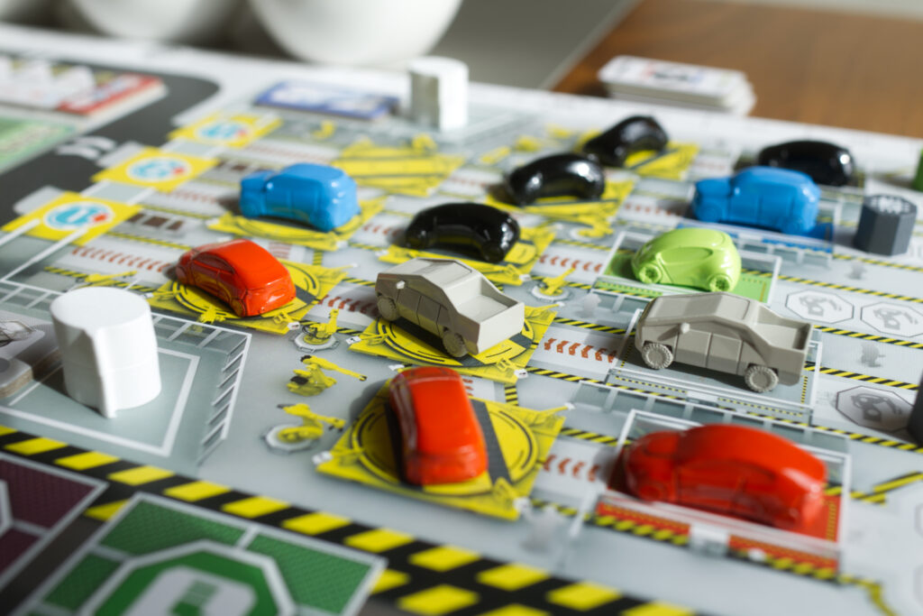 Metal cars of Kanban EV in assembly area
